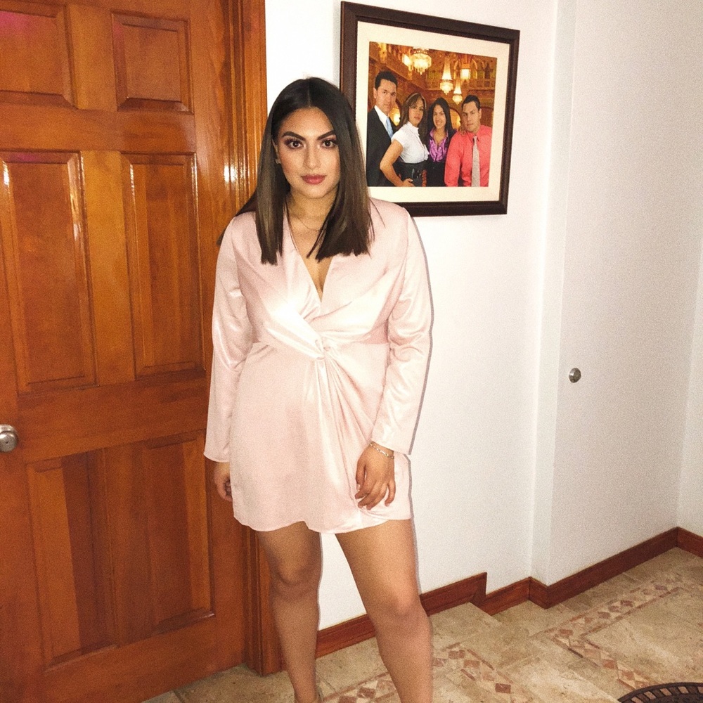 pink metallic shift dress with wrap design